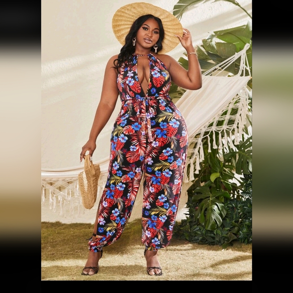 SHEIN Slayr Plus Tropical Print Cut-out Belted Tie Back Jumpsuit 2XL